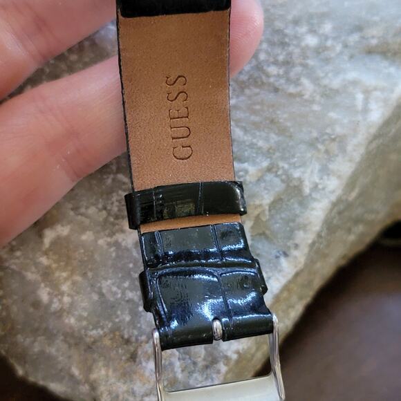 Vintage GUESS Crystal Bezel Watch Black Leather Strap Silver Dial Glam Chic Lux main image 7